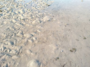 Sahilde gelgit var. Sahilde kum, arka plan olarak. Güneşli bir günde güzel kumsal dokusu. Yazın kumsaldaki kum desenlerinin arka planı ve dokusu