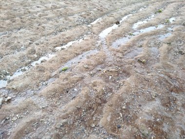 Sahilde gelgit var. Sahilde kum, arka plan olarak. Güneşli bir günde güzel kumsal dokusu. Yazın kumsaldaki kum desenlerinin arka planı ve dokusu