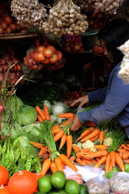 Geleneksel bir dükkanda sebze ve meyve çeşitleri. Havuç, domates, acı fasulye, soğan, avokado var. Seçileni Odakla