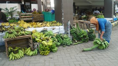 Meyve satan yaşlı bir kadın Muntilan Market 'te muz kesiyor, Magelang.