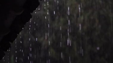 Çatı kiremitlerinden damlayan yağmur suyu. Seçili koyu bulanık arkaplana odaklan