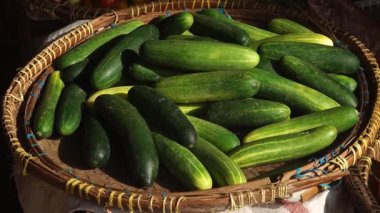 Sabah güneşine maruz kalmış bambu sepetinde salatalık ve havuç. Seçilene odaklan