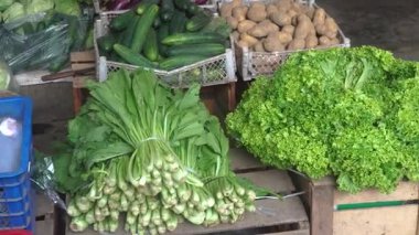 Geleneksel bir pazarda çeşitli sebzeler. Karnabahar, patates, hardal yeşili, marul, domates, salatalık. Seçilene odaklan