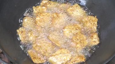 Kızarmış tempeh tavada kızartılıyor. Seçilene odaklan