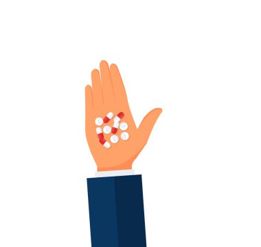 El ele tutuşma hapları. Renkli haplar, ilaçlar, vitaminler. Sağlık, koronavirüs ve tıp konsepti. Web afişi için el çizimi modern vektör illüstrasyonu, kart tasarımı. Eps 10