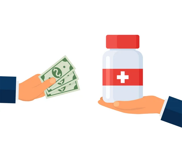Ručně Rozdávat Peníze Léky Kupování Léků Dolarové Bankovky Zdravotní Péče — Stockový vektor