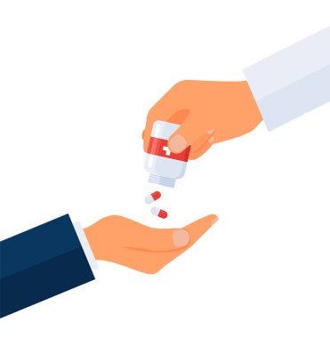 Eczacı diğer taraftan hastaya ilaç veriyor. Düz stil vektör illüstrasyonu ise 10.