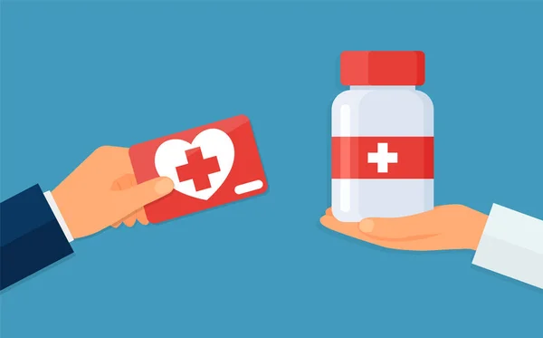 Kupowanie Pigułek Medycznych Karta Ubezpieczenia Medycznego Ręku Zamian Tabletki Sprzedaj — Wektor stockowy