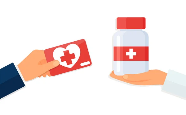 Kupowanie Pigułek Medycznych Karta Ubezpieczenia Medycznego Ręku Zamian Tabletki Sprzedaj — Wektor stockowy