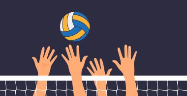 Voleybol maçı. İnsanlar ellerini voleybol topuna vurdular. Vektör çizimi düz tasarım. Beyaz arka planda izole edilmiş. Spor tatilleri, yaşam tarzı. 10 saniye.