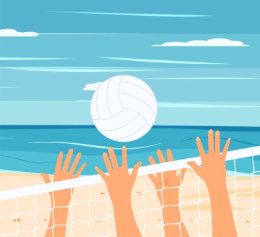 Voleybol kalesi ve top yaz arkaplanında kumun üzerinde. Sahilde deniz kenarında kum ya da gökyüzünde okyanus olan aktif bir yaşam tarzı. Okyanus geçmişi olan bir voleybol sahası. 10 saniye.