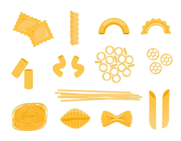 Conjunto Tipos Pasta Fideos Italianos Macarrones Restaurante Delicioso Menú Ilustración — Vector de stock