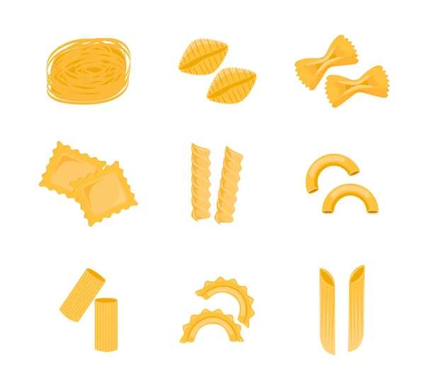 Conjunto Tipos Pasta Fideos Italianos Macarrones Restaurante Delicioso Menú Ilustración — Vector de stock