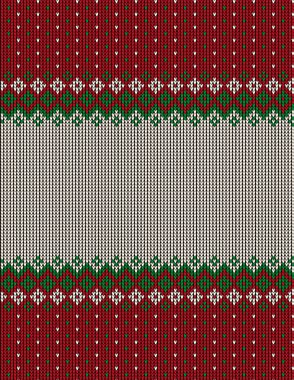 Buffalo Ekoseli Mutlu Noeller ve Mutlu Yıllar tebrik kartı çerçevesi sınırında çirkin kazak. Folk tarzı İskandinav süslemeleriyle örülmüş arka plan kusursuz desen. Eps 10