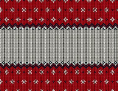 Buffalo Ekoseli Mutlu Noeller ve Mutlu Yıllar tebrik kartı çerçevesi sınırında çirkin kazak. Folk tarzı İskandinav süslemeleriyle örülmüş arka plan kusursuz desen. Eps 10