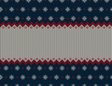 Buffalo Ekoseli Mutlu Noeller ve Mutlu Yıllar tebrik kartı çerçevesi sınırında çirkin kazak. Folk tarzı İskandinav süslemeleriyle örülmüş arka plan kusursuz desen. Eps 10