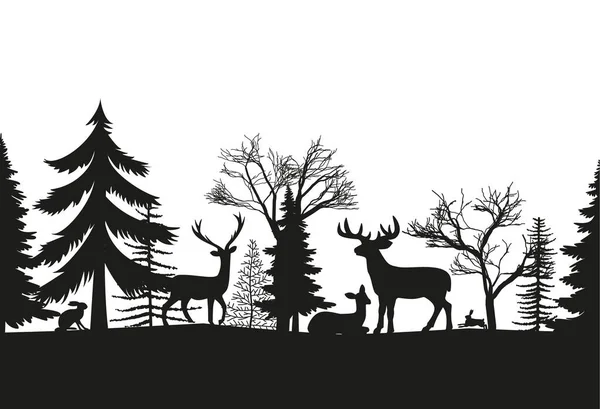 노출되고 사슴은 당신의 디자인에 컨셉에 흰색의 실루엣 나무와 동물이 어우러진 — 스톡 벡터