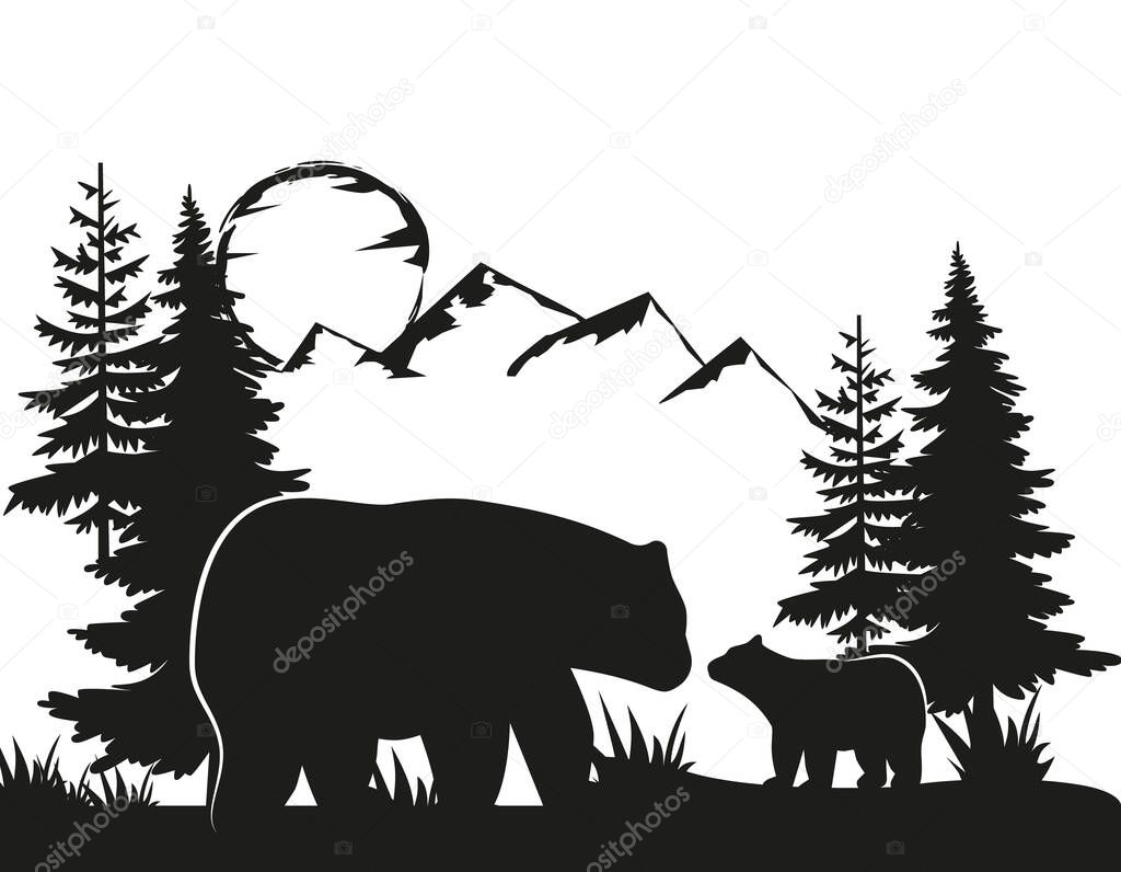 Vector Double exposure, bear for your design, wildlife concept. Silhouette of bear standing on grass hill. Mountains and forest in the background. Magical landscape, trees, animal. Eps 10