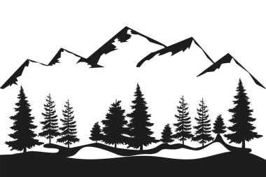 İlk bakışta dağlarla ve ormanla el çizimi doğa tasviri. Silüet manzara. Seyahat ve doğa arka planı ve kart için kullanılıyor.