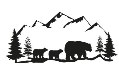 Çift vitesli taşıyıcı, tasarımın için ayı, vahşi yaşam konsepti. Çim tepesinde duran ayı silueti. Arka planda dağlar ve orman var. Büyülü manzara, ağaçlar, hayvanlar. Eps 10