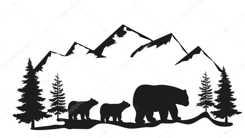 Vector Double exposure, bear for your design, wildlife concept. Silhouette of bear standing on grass hill. Mountains and forest in the background. Magical landscape, trees, animal. Eps 10