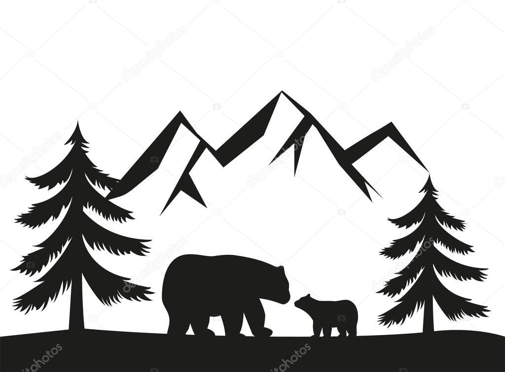 Vector Double exposure, bear for your design, wildlife concept. Silhouette of bear standing on grass hill. Mountains and forest in the background. Magical landscape, trees, animal. Eps 10