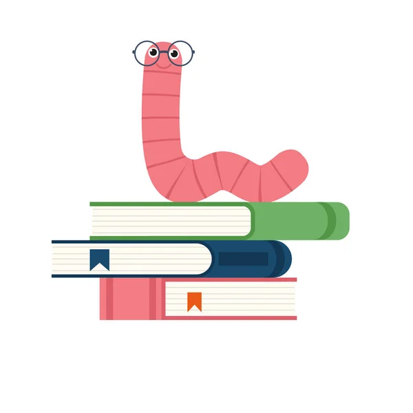 一只可爱的毛虫书虫可爱的卡通人物教育吉祥物 戴着毕业帽和眼镜看书 — 图库矢量图片