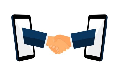 İş tokalaşma vektör çizimi düz stil. Çevrimiçi İletişim, cep telefonunda iki iş adamı tokalaşması, iş adamlarının bir telefon aracılığıyla el sıkışması. Tokalaşma ve cep telefonları Eps 10