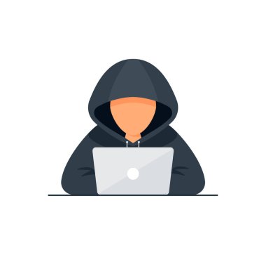 Hacker vektör kavramı: Bilinmeyen adam dizüstü bilgisayar kullanırken e- postadan veri çalıyor
