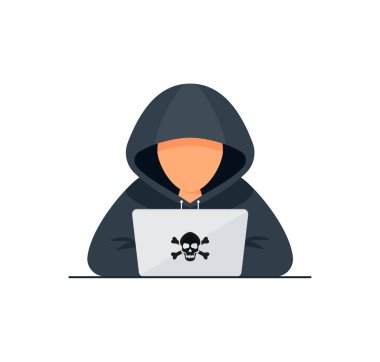 Hacker vektör kavramı: Bilinmeyen adam dizüstü bilgisayar kullanırken e- postadan veri çalıyor