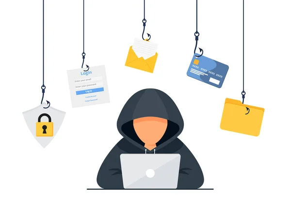Hacker vektör kavramı: Bilinmeyen adam dizüstü bilgisayar kullanırken e- postadan veri çalıyor