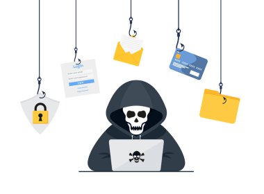 Hacker vektör kavramı: Bilinmeyen adam dizüstü bilgisayar kullanırken e- postadan veri çalıyor