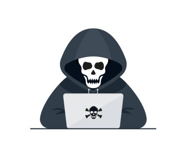 Hacker vektör kavramı: Bilinmeyen adam dizüstü bilgisayar kullanırken e- postadan veri çalıyor