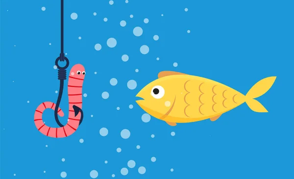 Αλιεία Υποβρύχια Ψάρια Κοιτάζοντας Ένα Σκουλήκι Κρέμεται Ένα Γάντζο Eps — Διανυσματικό Αρχείο