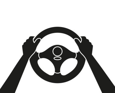 Direksiyon ikonu. Eller direksiyonda. Şoför bey. Araba sürüyorum. Test sürüşü. İniş sayfası sürüş dersleri. Arkaplanda vektör simgesi izole edildi. Eps 10