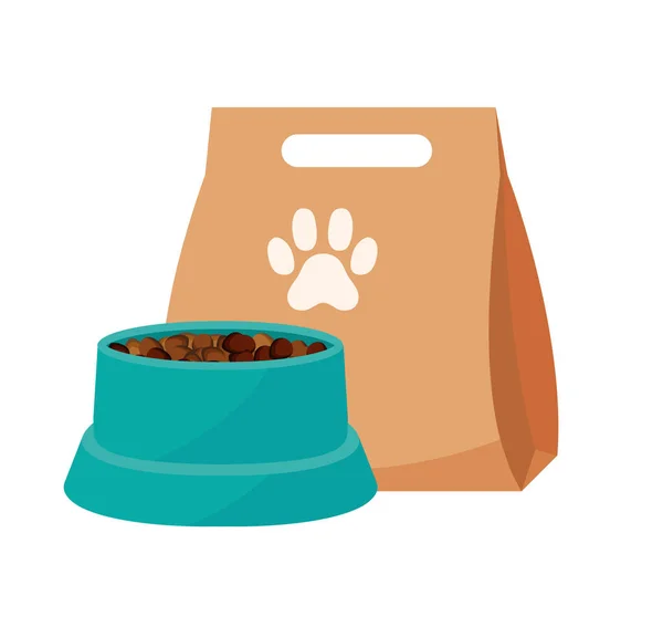 고양이와 사료의 개념입니다 상자요 밥먹으러 강아지 주차하는 사료먹이기 강아지 Eps — 스톡 벡터