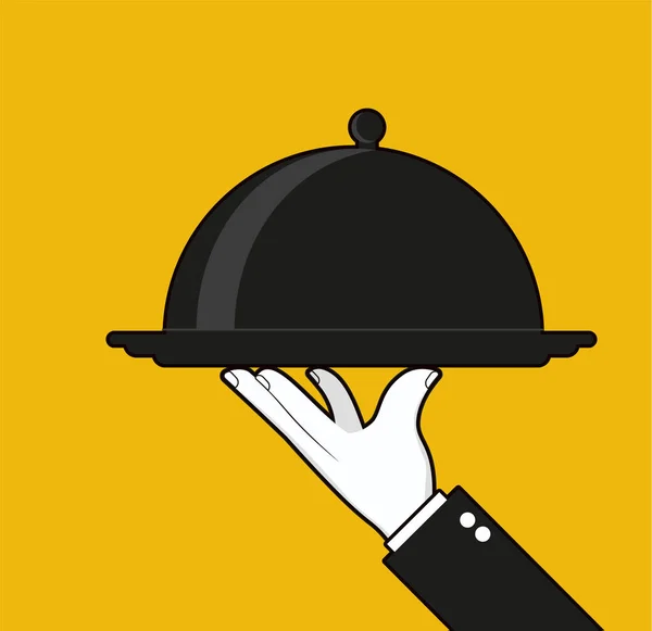 Рука Офіціанта Тримає Лоток Ресторанне Обслуговування Векторні Ілюстрації Ізольовані Жовтому — стоковий вектор