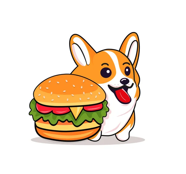 Schattige Shiba Inu Eten Hamburger Cartoon Illustratie — Stockvector