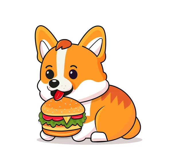 Cute Shiba Inu Eating Burger Cartoon Illustration Eps — 스톡 벡터