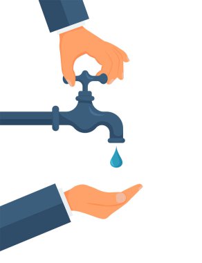 Hand opens or closes a water tap, save water,concept of eco and world water day. eps 10