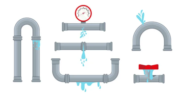Broken Metal Pipe Leaking Water Flat Style Vector Illustration Part — 스톡 벡터