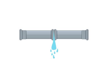 Broken metal pipe with leaking water, flat style vector illustration. Part of the pipeline. Eps 10