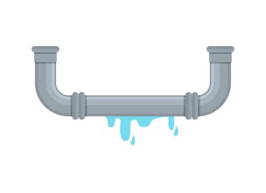 Broken metal pipe with leaking water, flat style vector illustration. Part of the pipeline. Eps 10