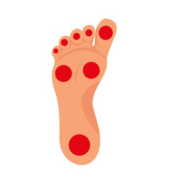 Two anatomical footprints of a man's bare feet with marks of active acupuncture points. Vector. Isolated on white background eps 10
