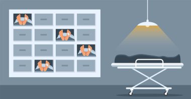 Interior of morgue. Dead bodies laying in the mortuary.Mortuary room 2D cartoon interior with wheeled bed and equipment for autopsy and embalming on background. Flat cartoon vector illustration eps 10