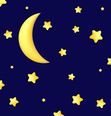 Crescent moon, golden stars and white clouds 3d style isolated on blue background. Dream, lullaby, dreams background design for banner, booklet, poster. Vector illustration EPS10 clipart
