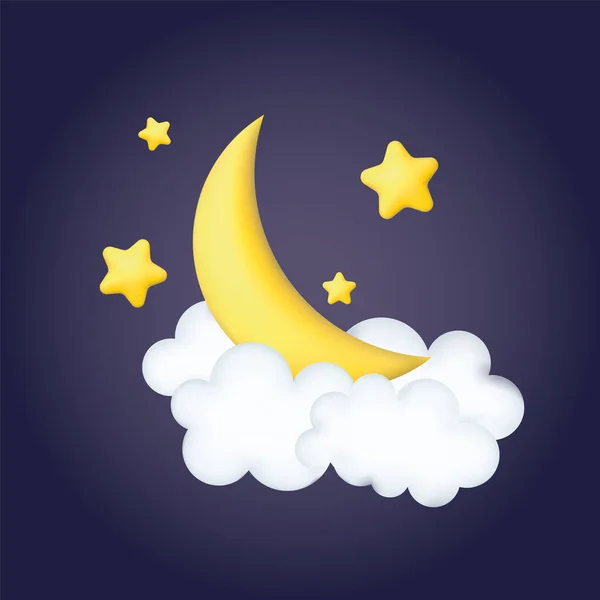 Crescent Moon Golden Stars White Clouds Style Isolated Blue Background — Stockvector