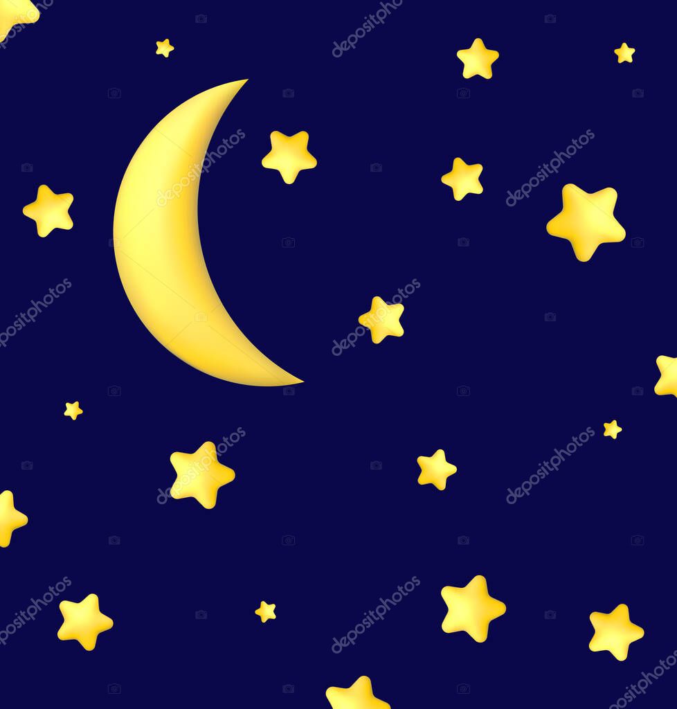 Crescent moon, golden stars and white clouds 3d style isolated on blue background. Dream, lullaby, dreams background design for banner, booklet, poster. Vector illustration EPS10