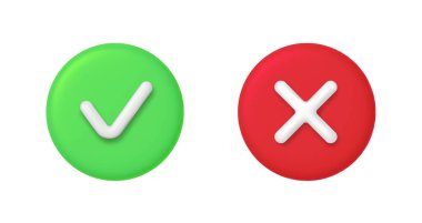 3D Right and Wrong Button in Round Shape. Green Yes and Red No Correct Incorrect Sign. Checkmark Tick Rejection, Cancel, Error, Stop, Negative, Agreement Approval or Trust Symbol. Vector Illustration eps 10