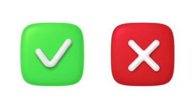 3D Right and Wrong Button in Round Shape. Green Yes and Red No Correct Incorrect Sign. Checkmark Tick Rejection, Cancel, Error, Stop, Negative, Agreement Approval or Trust Symbol. Vector Illustration eps 10